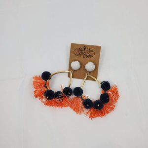 New Plunder Design Jewelry Patrick Earrings Orange Tassel Navy Pom Goldtone